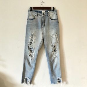 Light-Wash Distressed High-Rise Jeans
